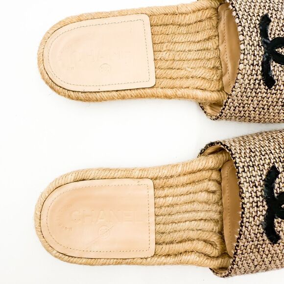 Chanel CC Logo Espadrille Slides Tweed Mules Flat Sandals EU 38 - Picture 7 of 11